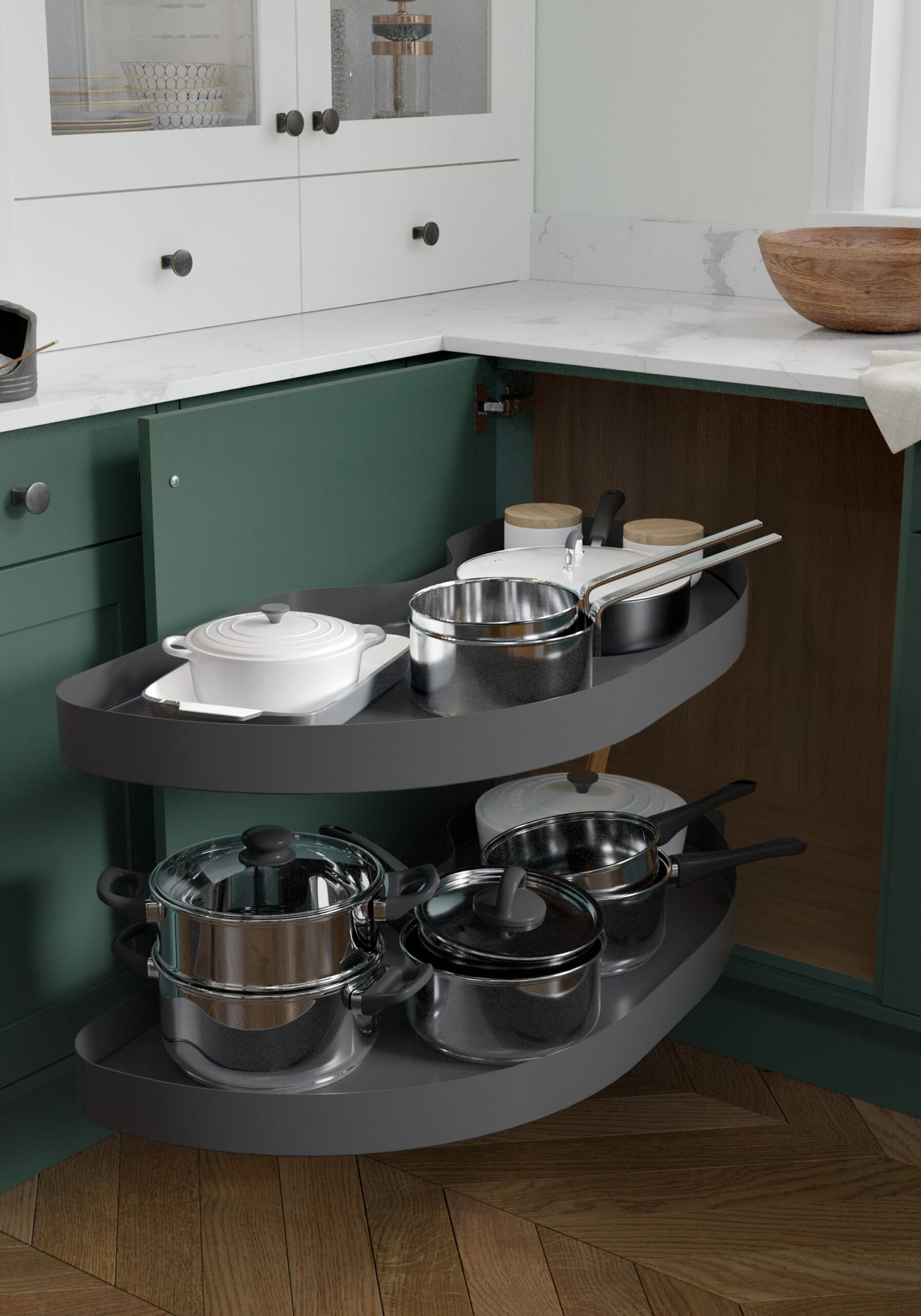 Heritage Green kitchen with feature larder cabinet